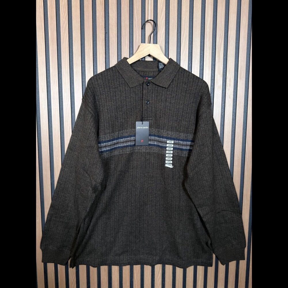 New Pierre Cardin Polo Sweater Large Mens Brown Relaxed Striped Trim Knitted Top